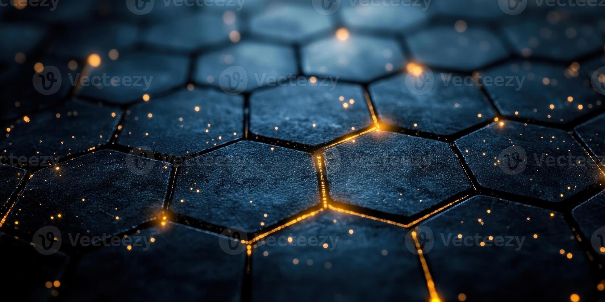 A dark hexagonal pattern glimmers with glowing edges, creating a mesmerizing visual effect photo