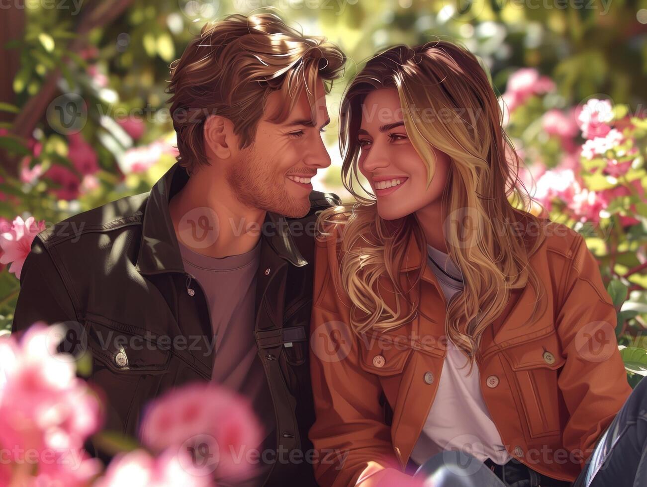 A couple enjoys each other's company surrounded by vibrant blooms in a garden photo