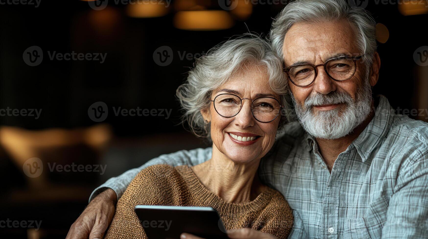 A joyful older couple smiles while sharing a tablet in a warm, inviting environment photo