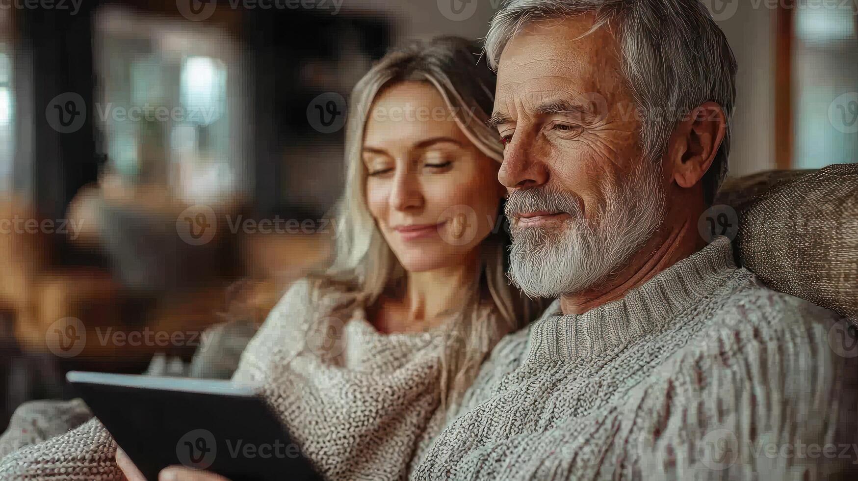 A couple sits closely, sharing a moment while using a tablet in their comfortable living room photo