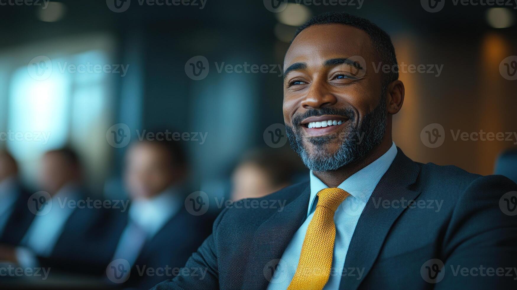 A man smiling confidently while engaging in a meeting with colleagues around him photo