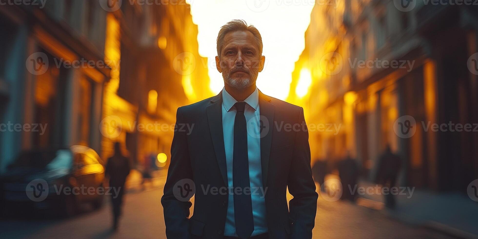 A man confidently walks through a vibrant city street at sunset, surrounded by warm light photo