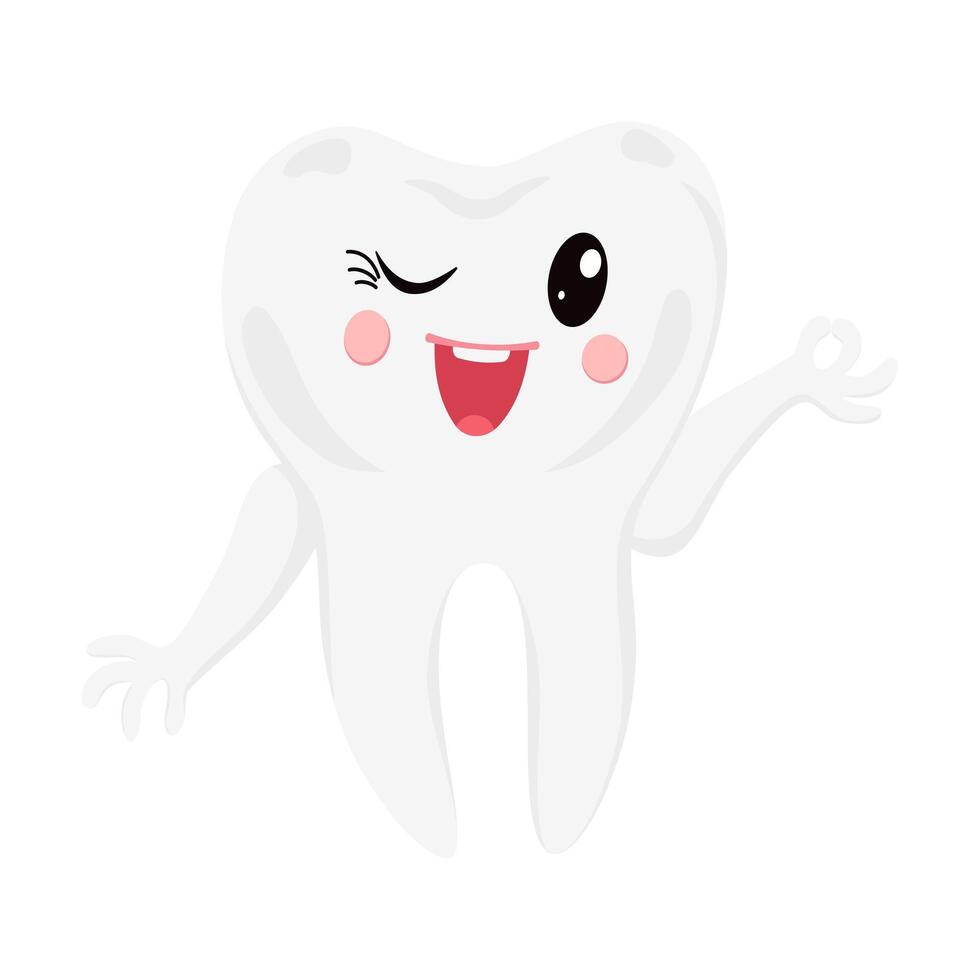 A cheerful winking kawaii tooth baby isolated on white background. Funny dental character for childrens dentistry. vector