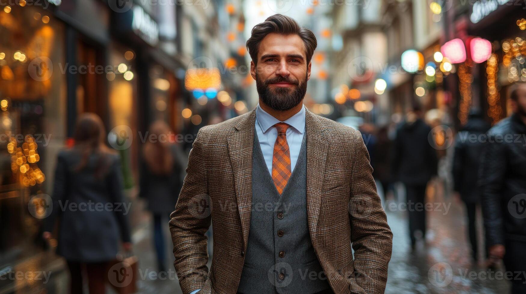 A well-dressed man strolls past busy shops in a lively autumn city street photo