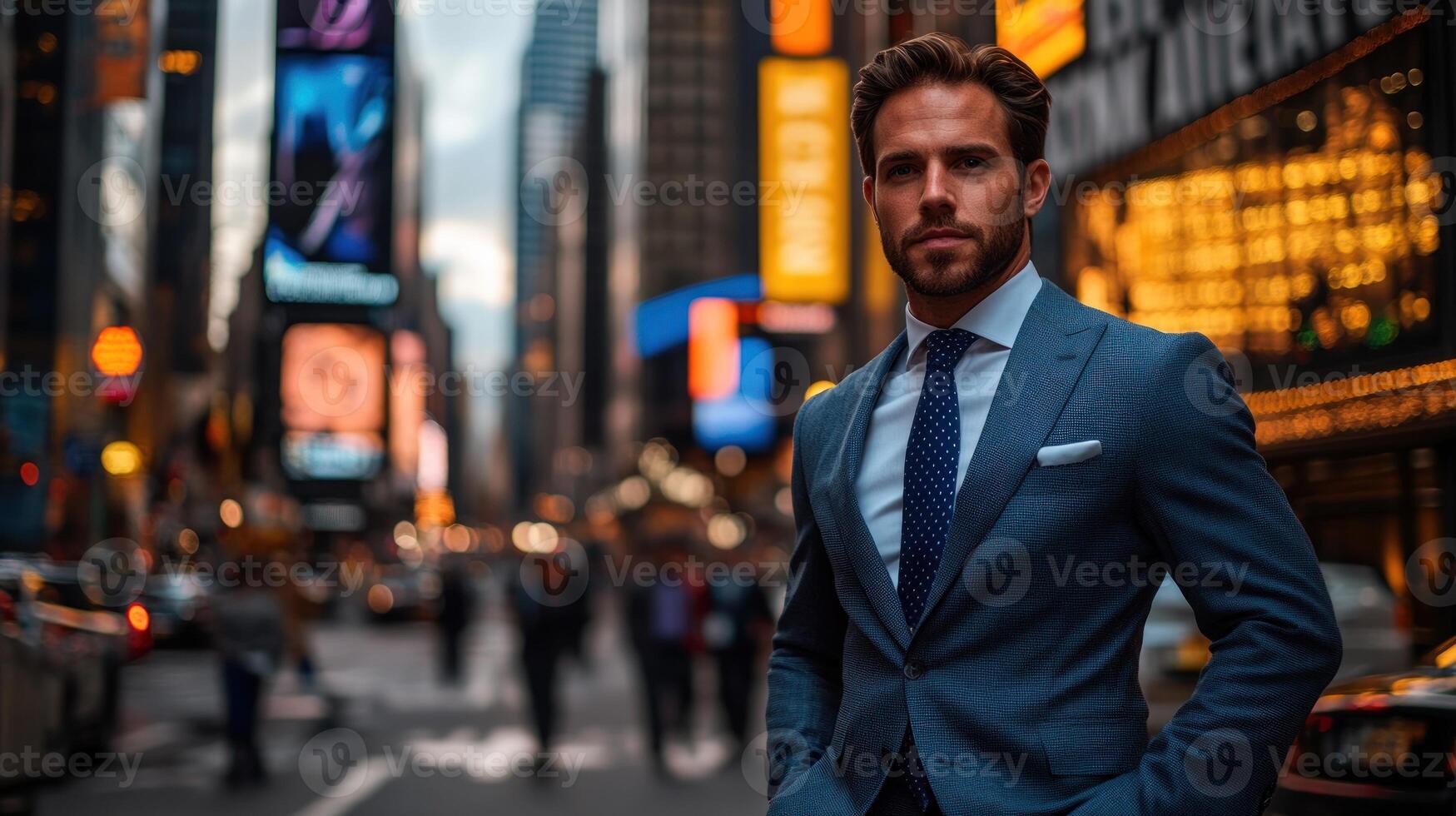 A businessman stands confidently amidst the bustling crowds of Times Square at dusk photo