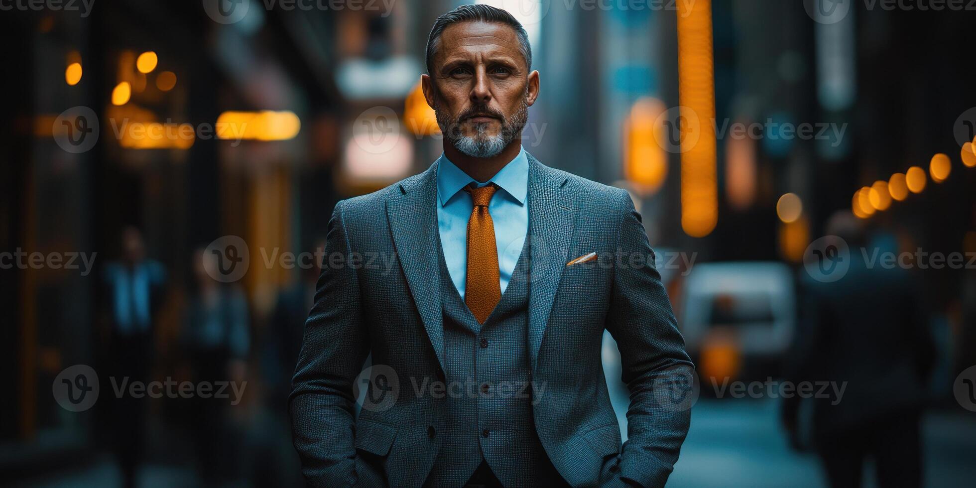 Businessman strides confidently through urban setting during golden hour photo