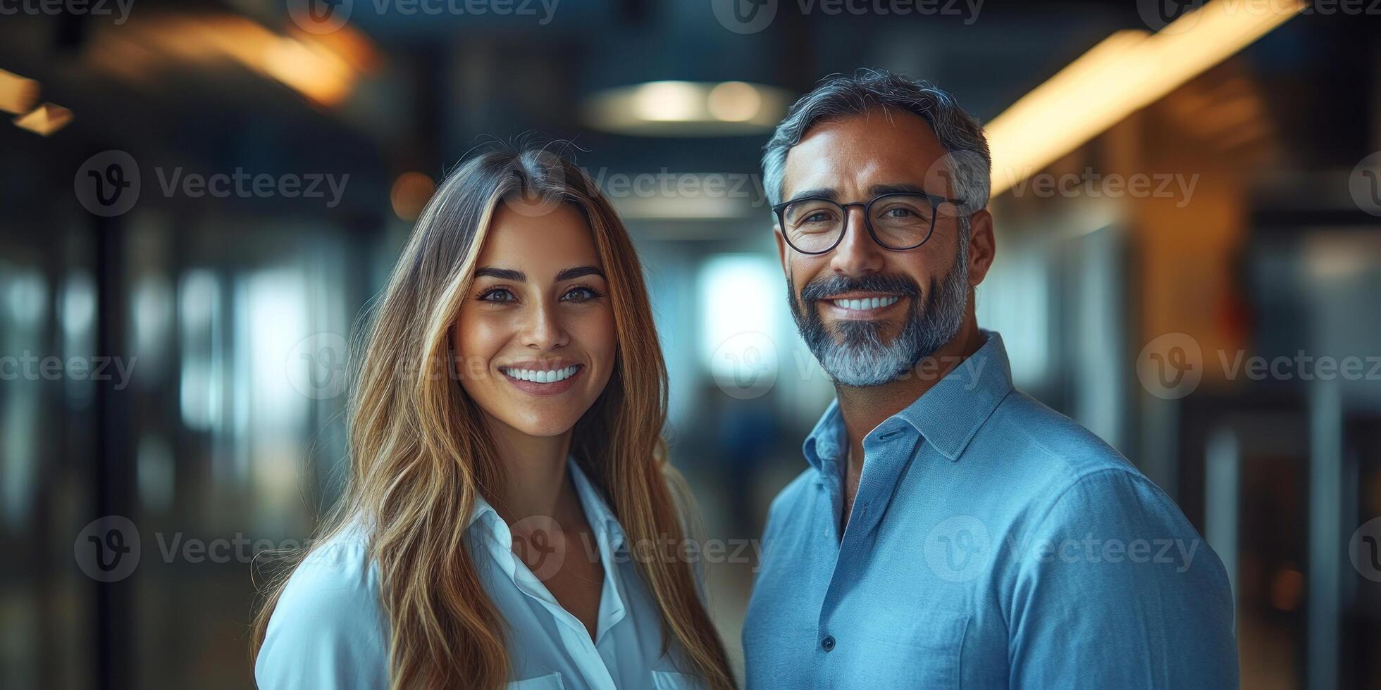 Two professionals happily pose together in a contemporary office setting photo