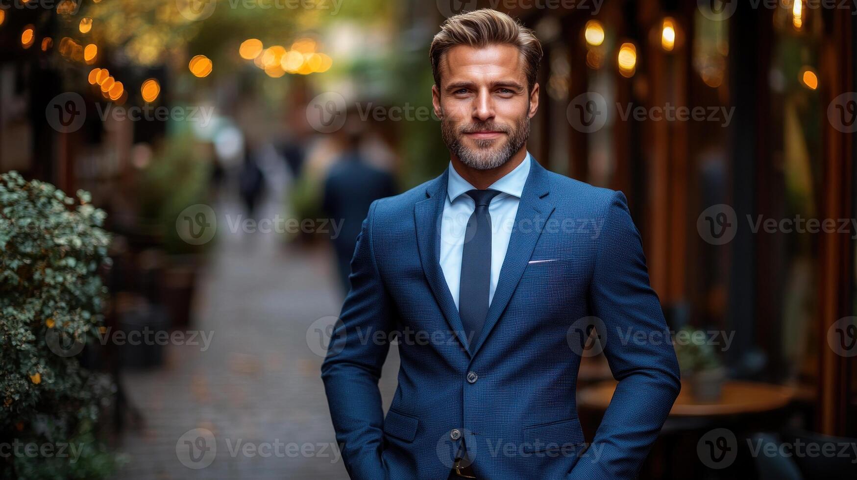 A stylishly dressed man stands confidently in a charming city alley photo