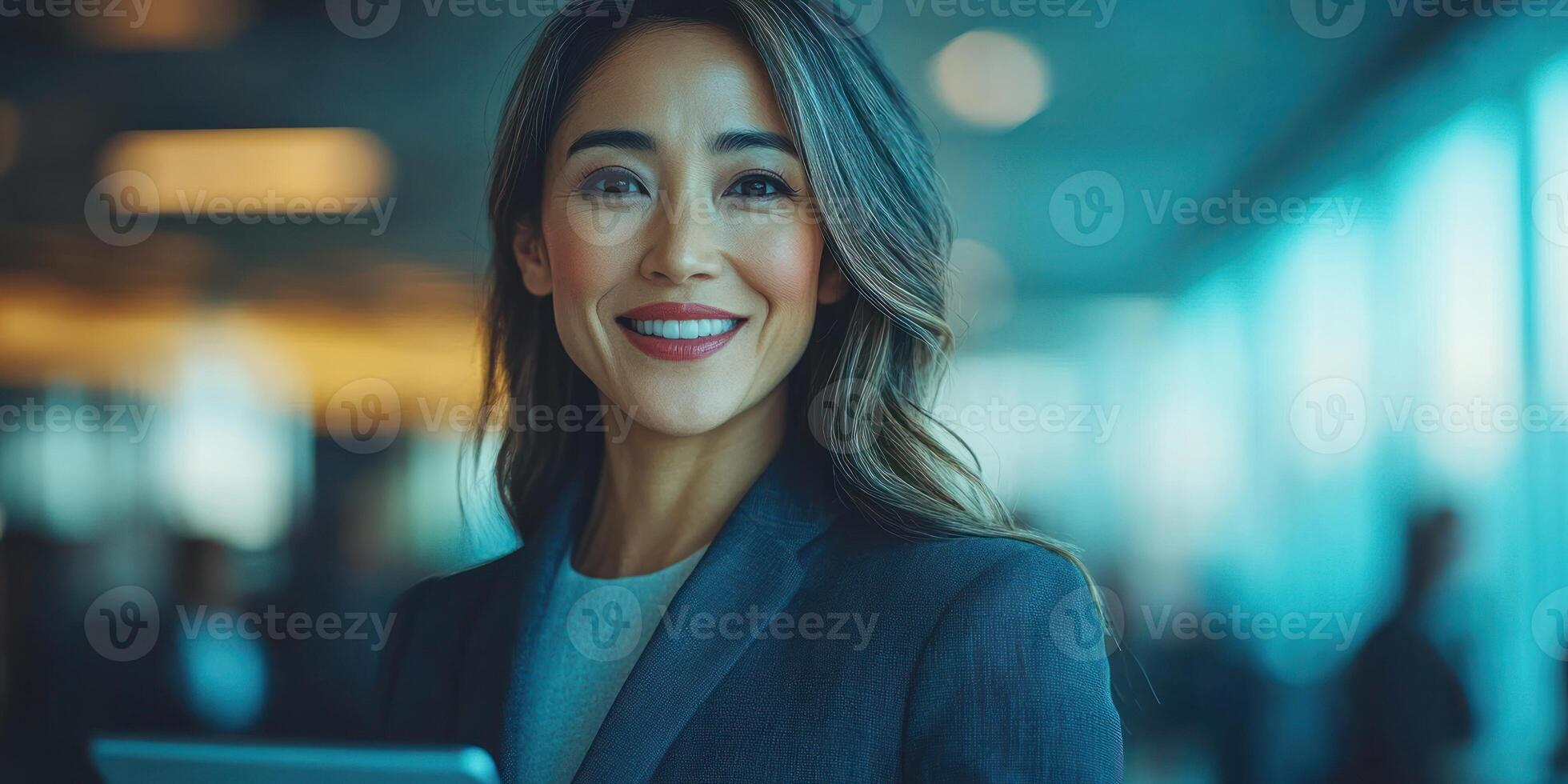 A smiling professional woman stands in a bright office holding a tablet photo