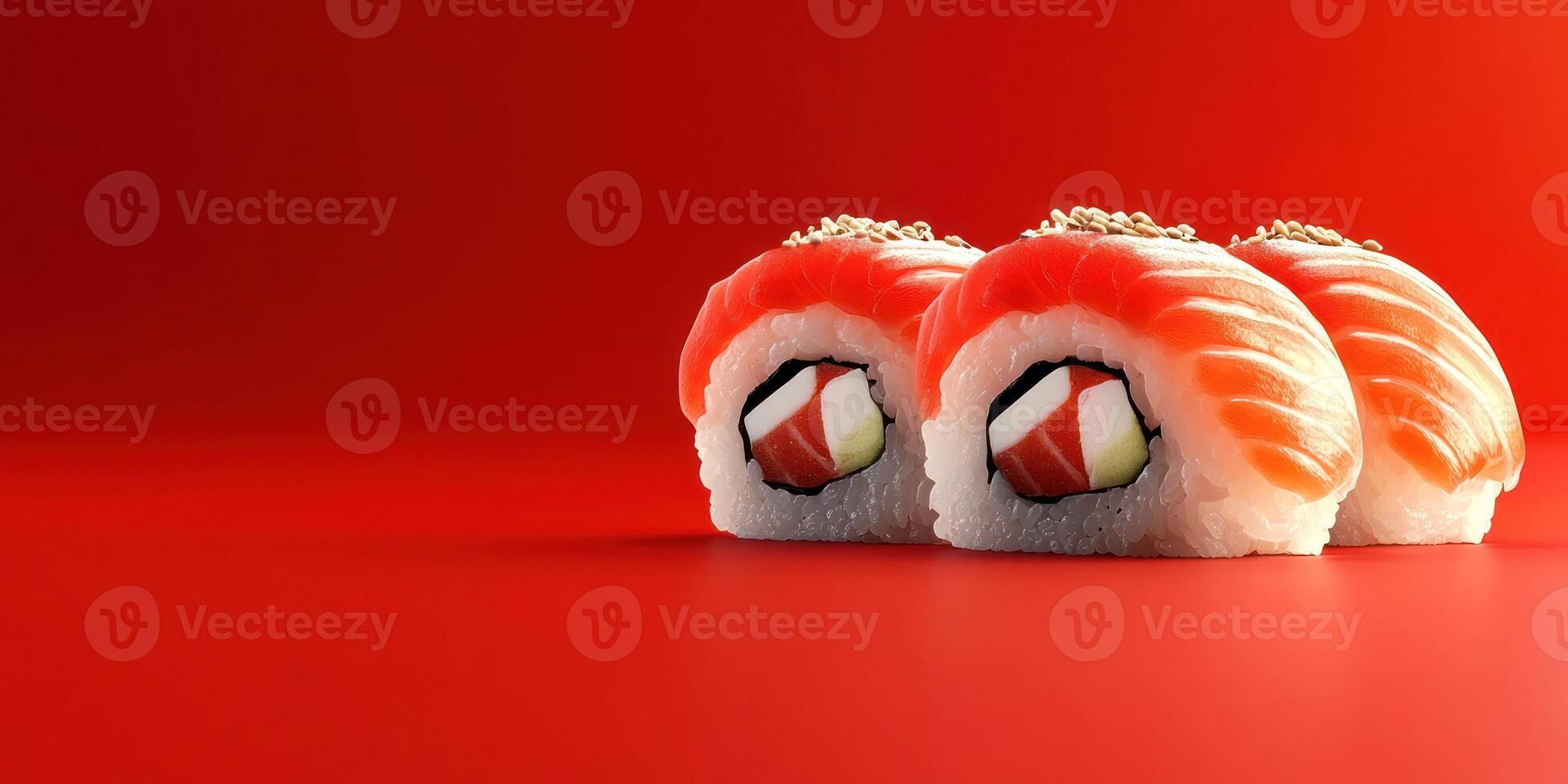 Fresh sushi rolls are beautifully arranged on a bright red surface ready to enjoy photo