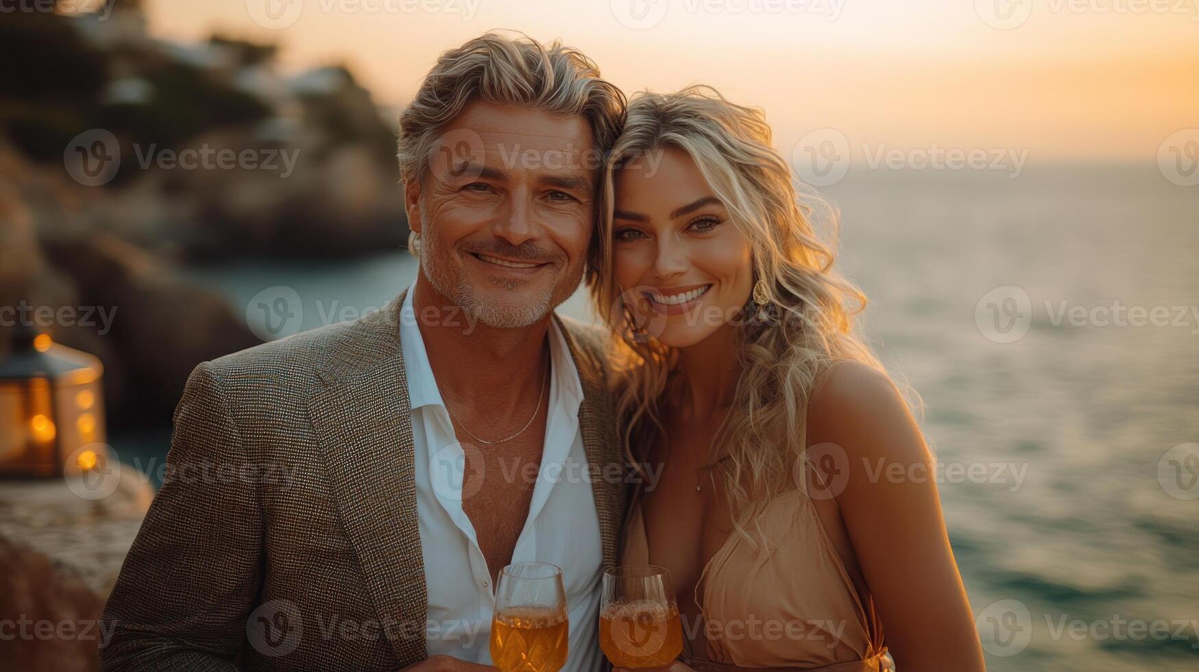 A couple toasts with cocktails as the sun sets over the ocean photo