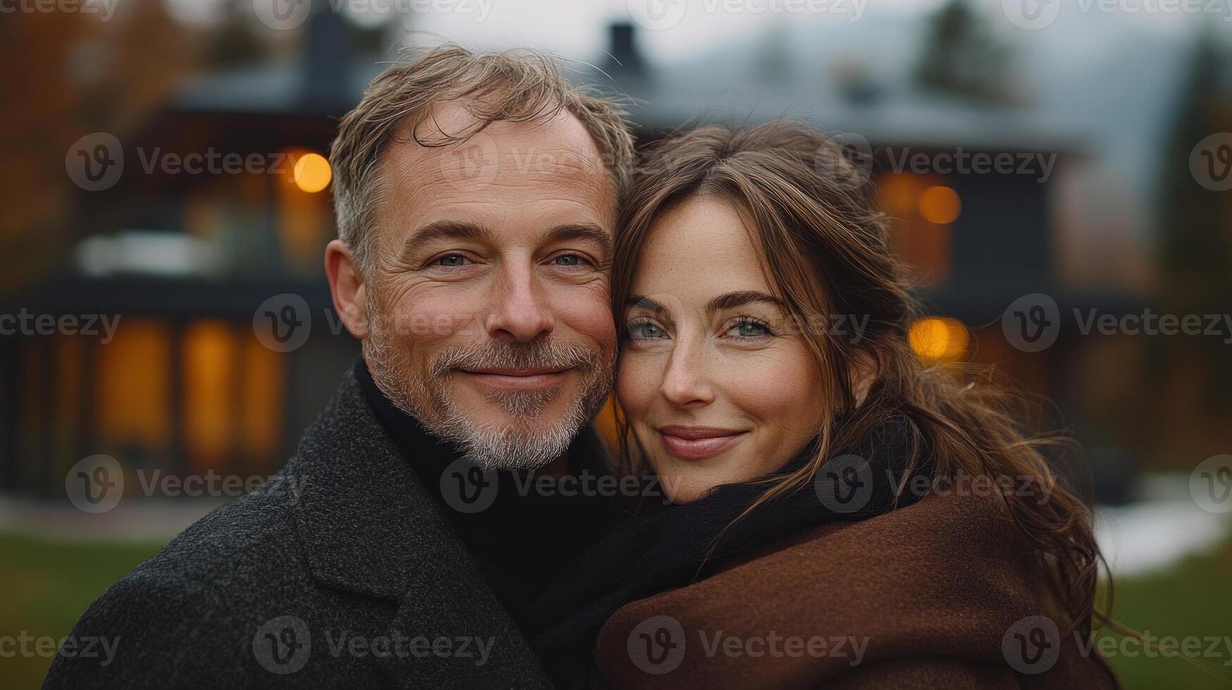 A couple enjoys a warm moment outside their cozy cabin during autumn photo