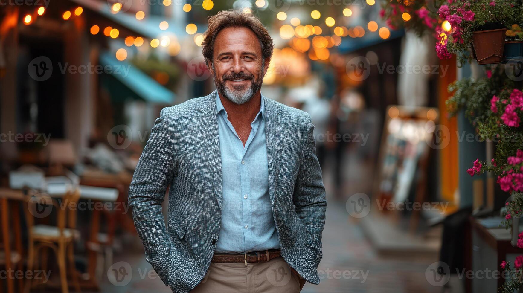 A man with a beard walks happily in a lively market illuminated by string lights photo