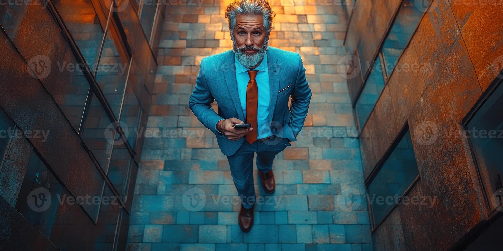 A well-dressed man walks attentively through an urban corridor at sunset photo