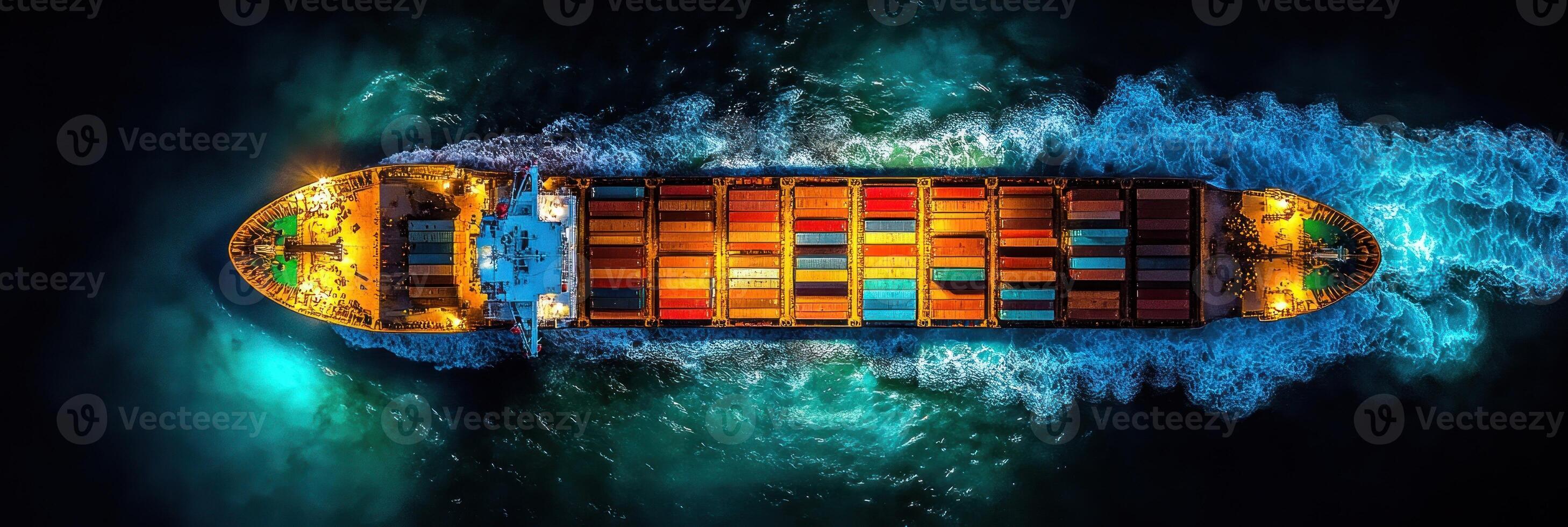 A cargo ship sails through dark waters with glowing containers illuminating the night photo