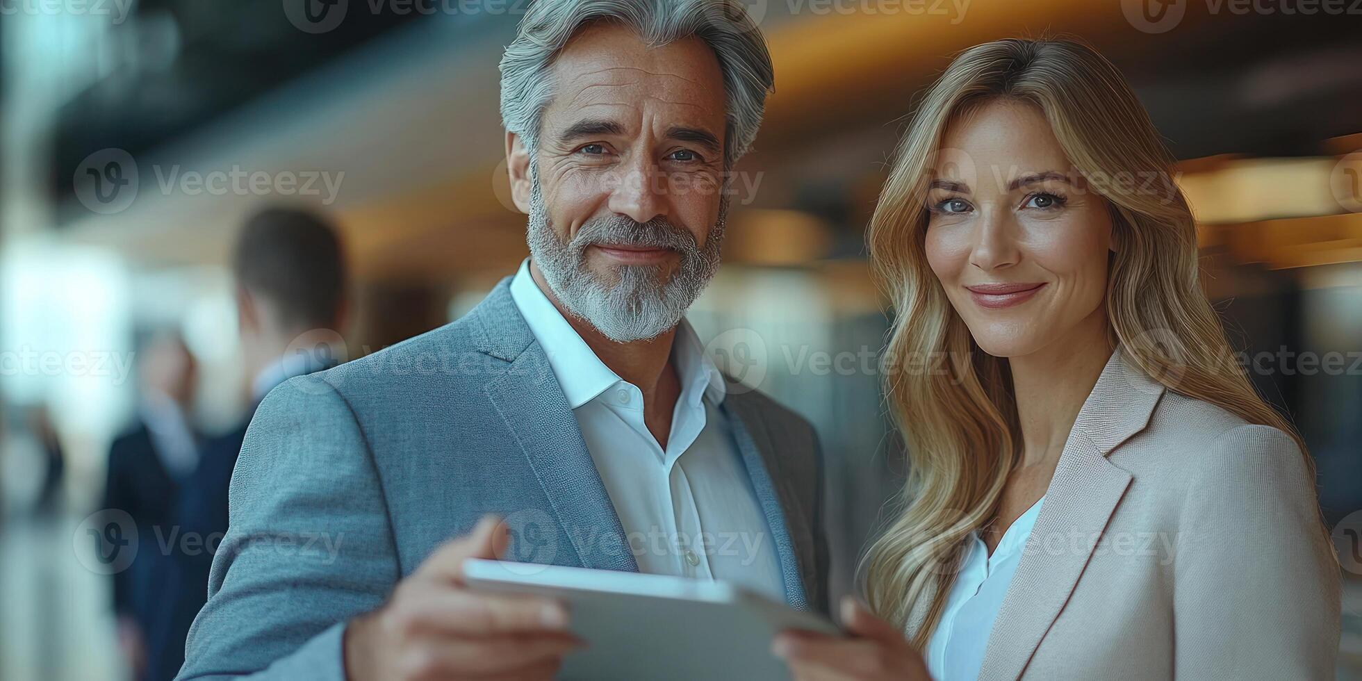 Two professionals converse and collaborate using a tablet in an upscale office environment photo