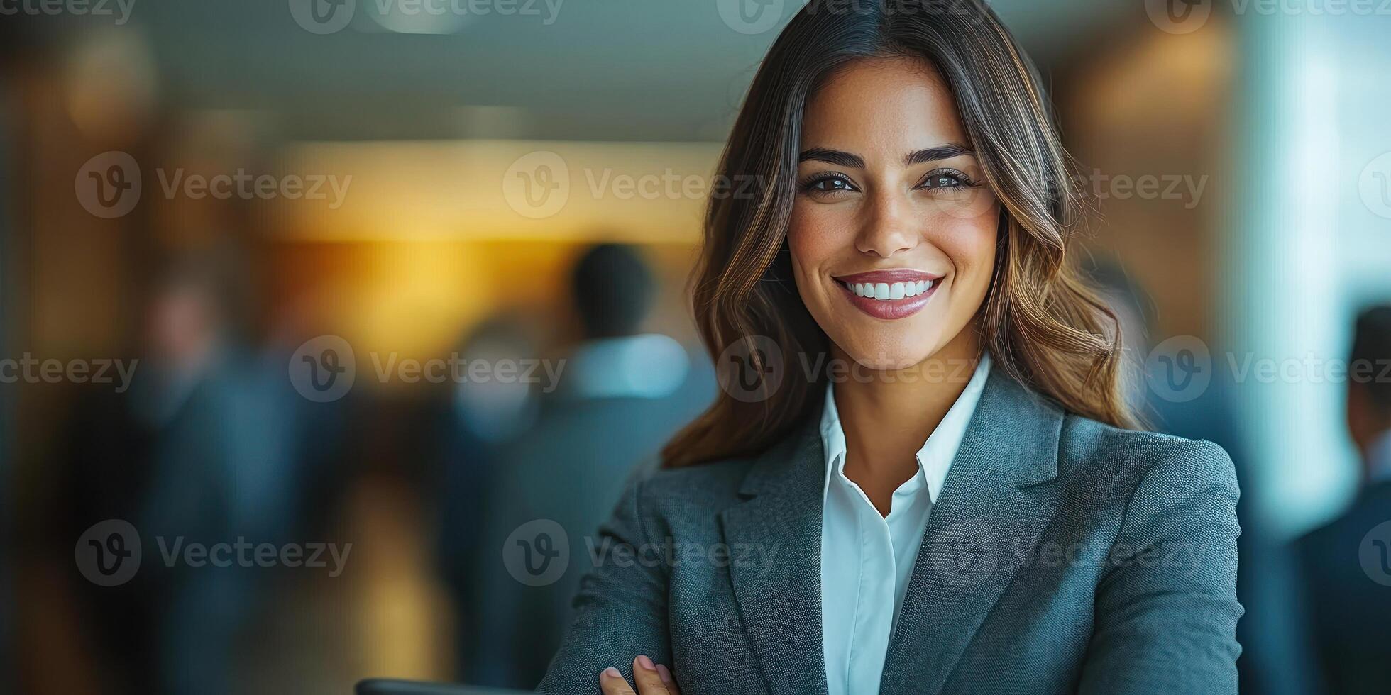Businesswoman smiles confidently during a networking event in an office setting photo