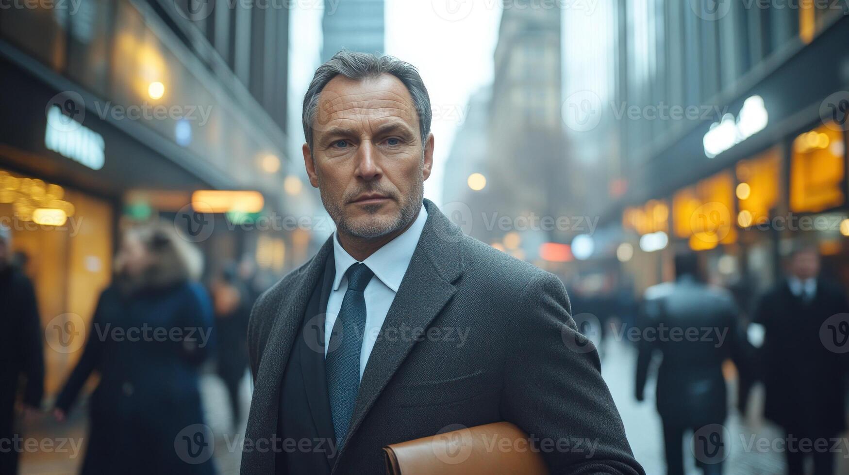 A well-dressed man carries a briefcase while navigating a busy urban environment photo