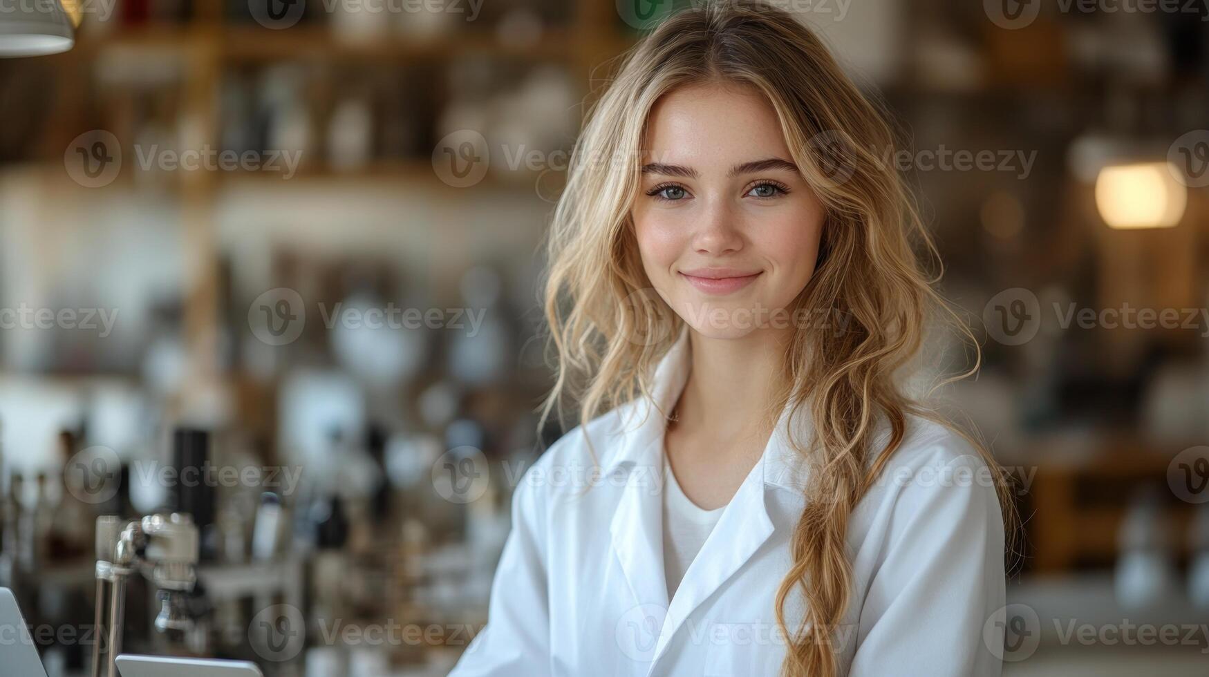 A young woman in a lab coat smiles while working in a well-equipped laboratory photo
