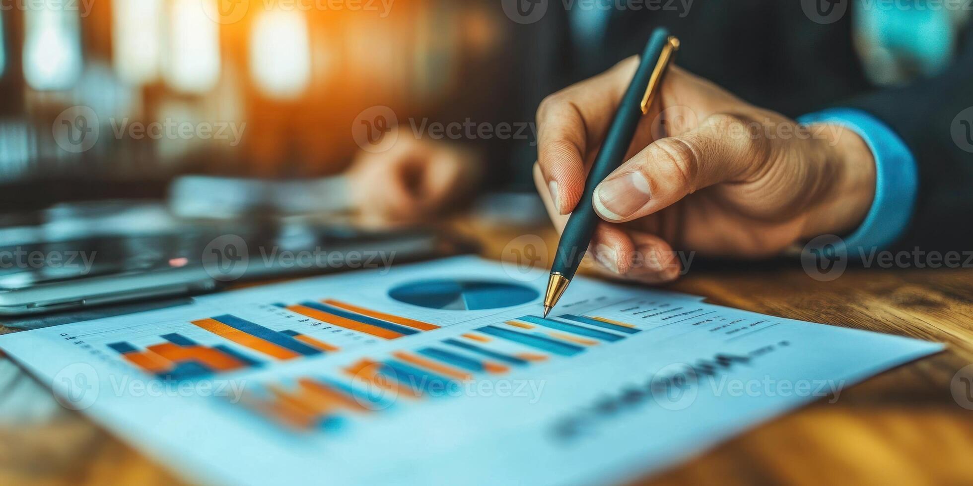 A business person reviews charts and graphs while noting key data on a report photo