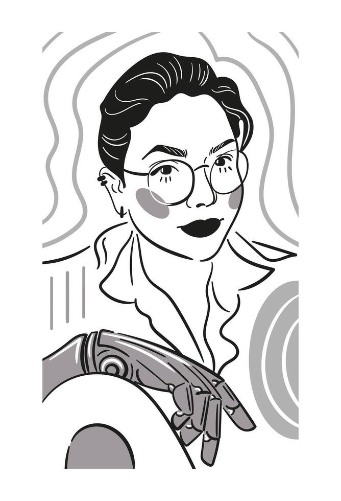 Stylized portrait depicting a person with technological visual effects and artistic elements, innovation. Bionic hand. Prosthesis, inclusivity vector