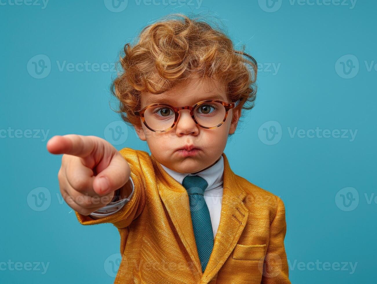 A boy in a stylish suit points confidently with a serious expression photo