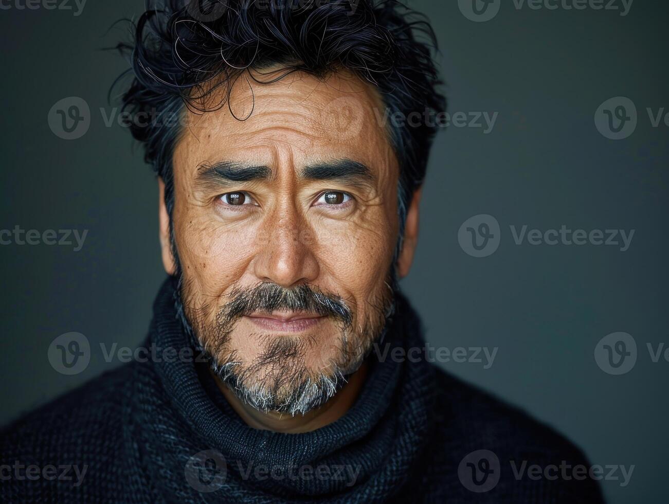 A warm smile from a man with curly hair and a beard, highlighting his expressive features photo