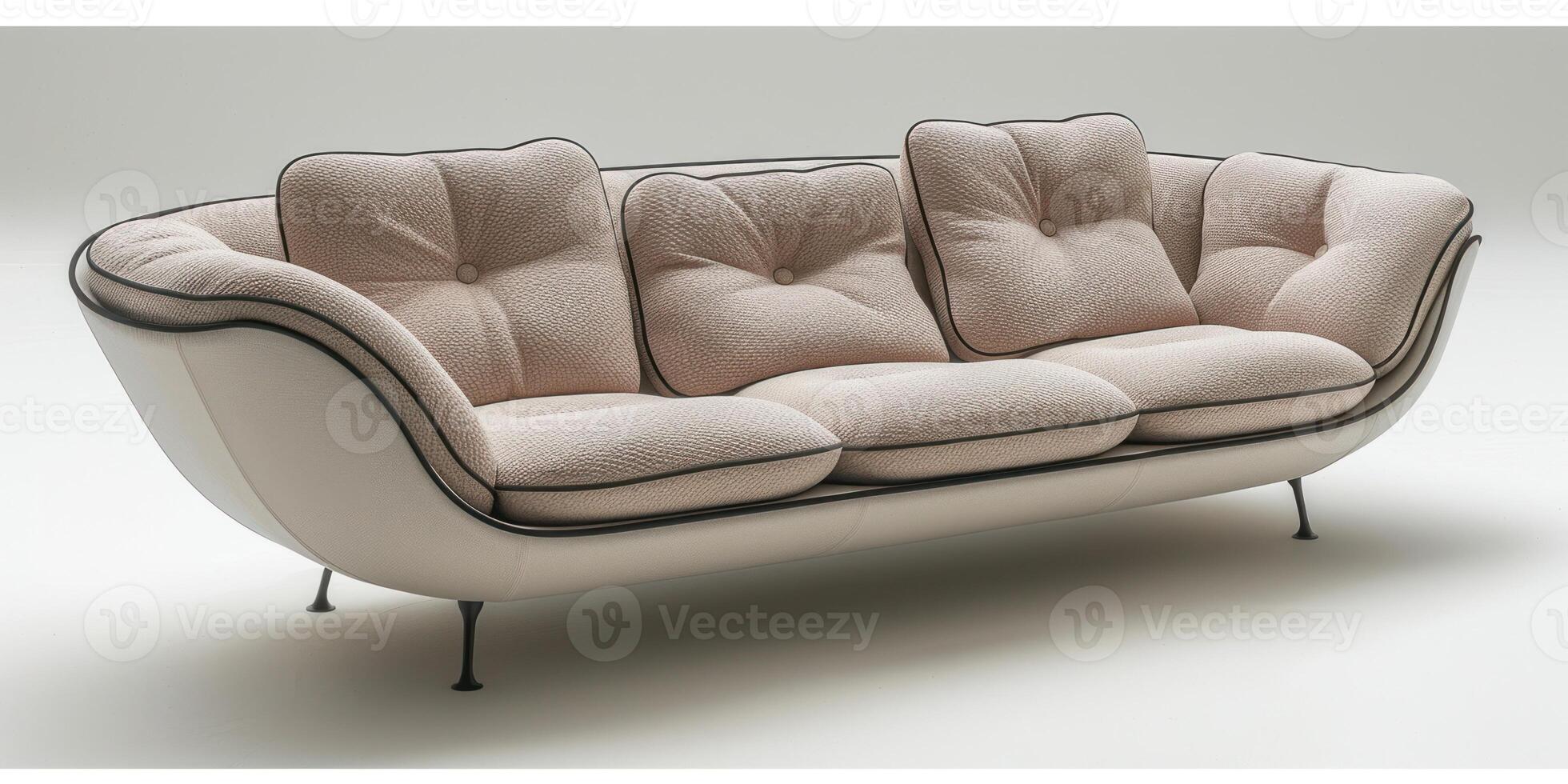 A stylish modern sofa featuring plush cushions displayed in a minimalist studio setting photo