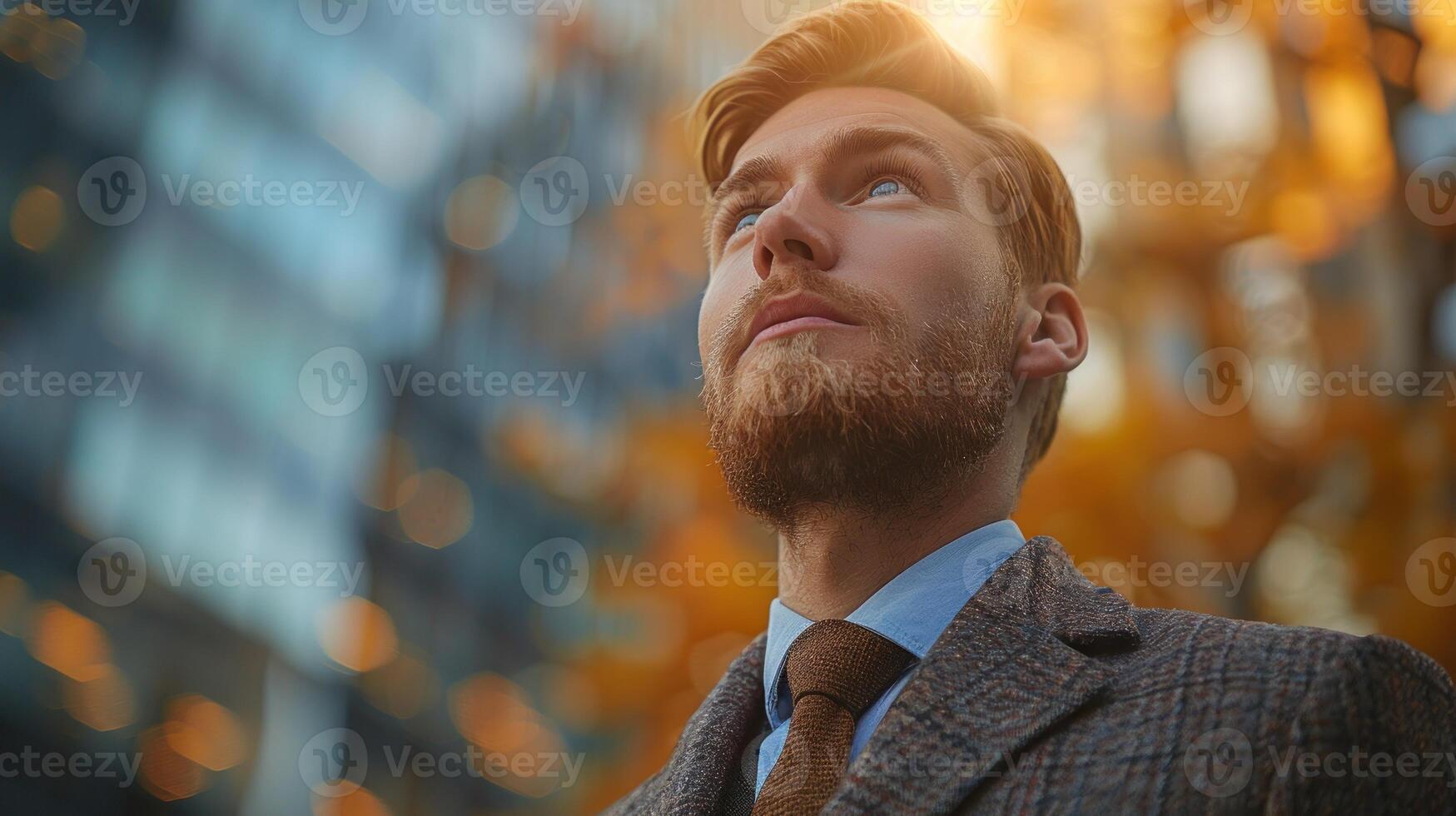 A man stands thoughtfully, looking up against a backdrop of autumn leaves and city buildings photo