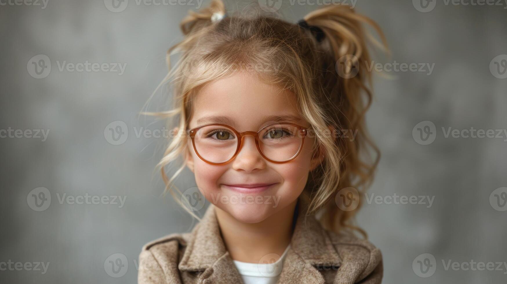 A cheerful girl wearing glasses smiles warmly in a stylish indoor environment photo