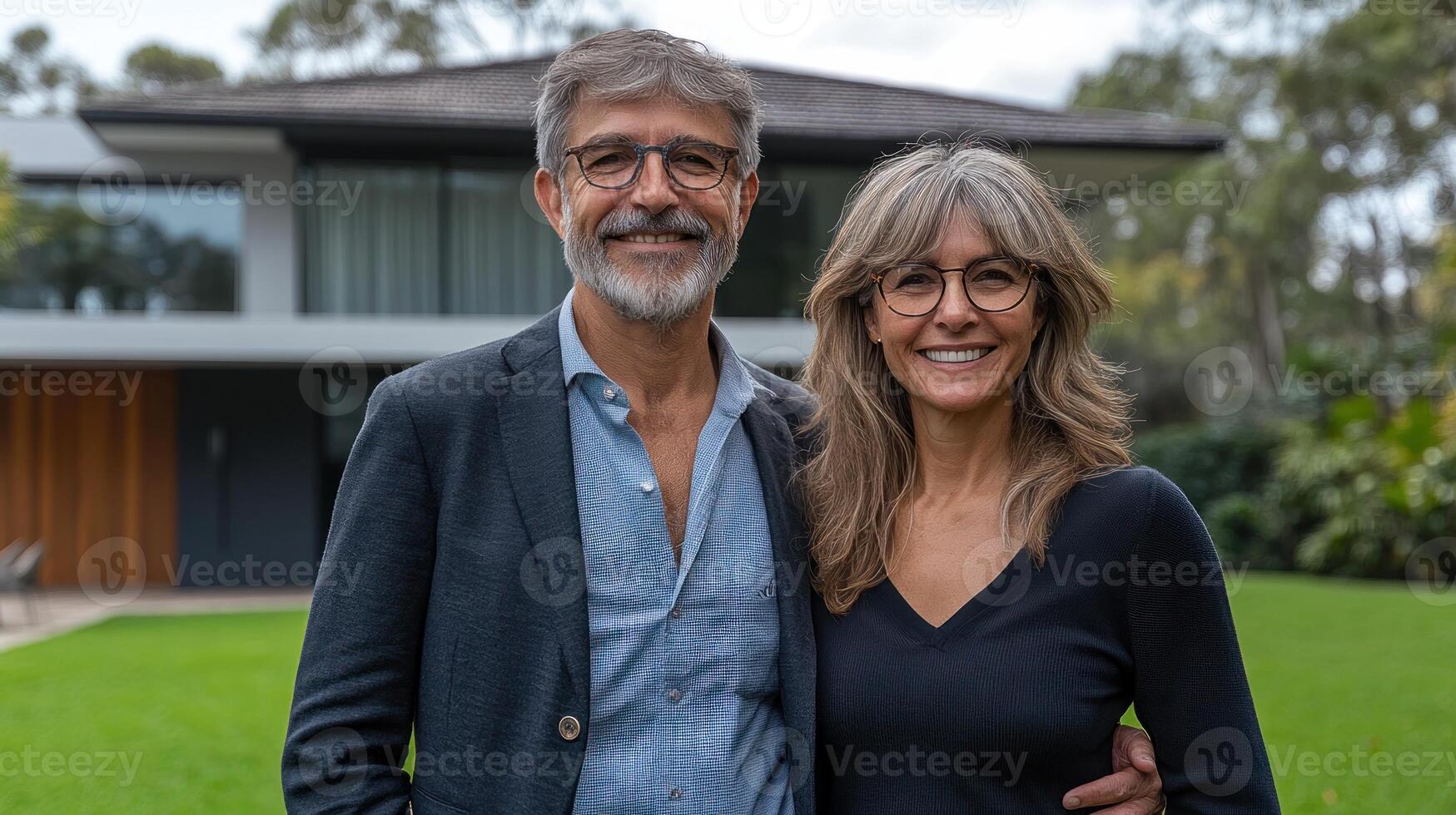 A smiling couple stands arm in arm outside their contemporary home photo