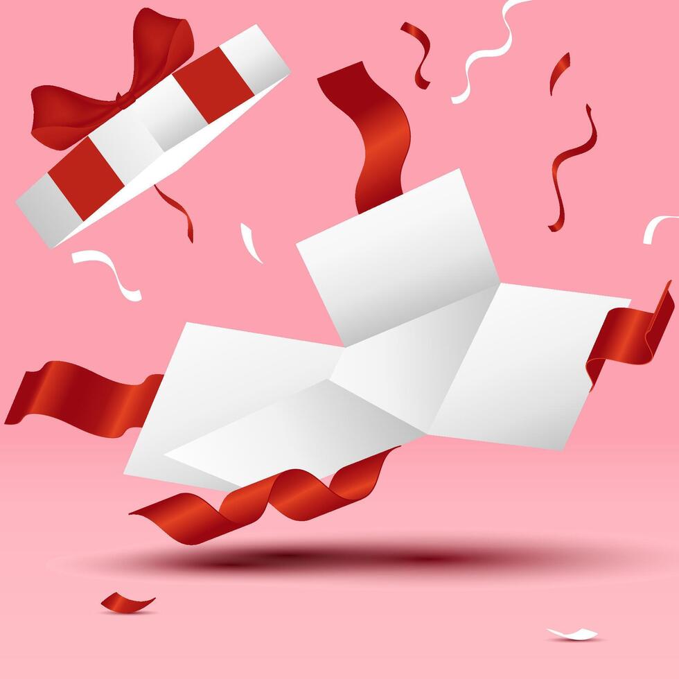 open white box, with red ribbon. decorated with confetti vector