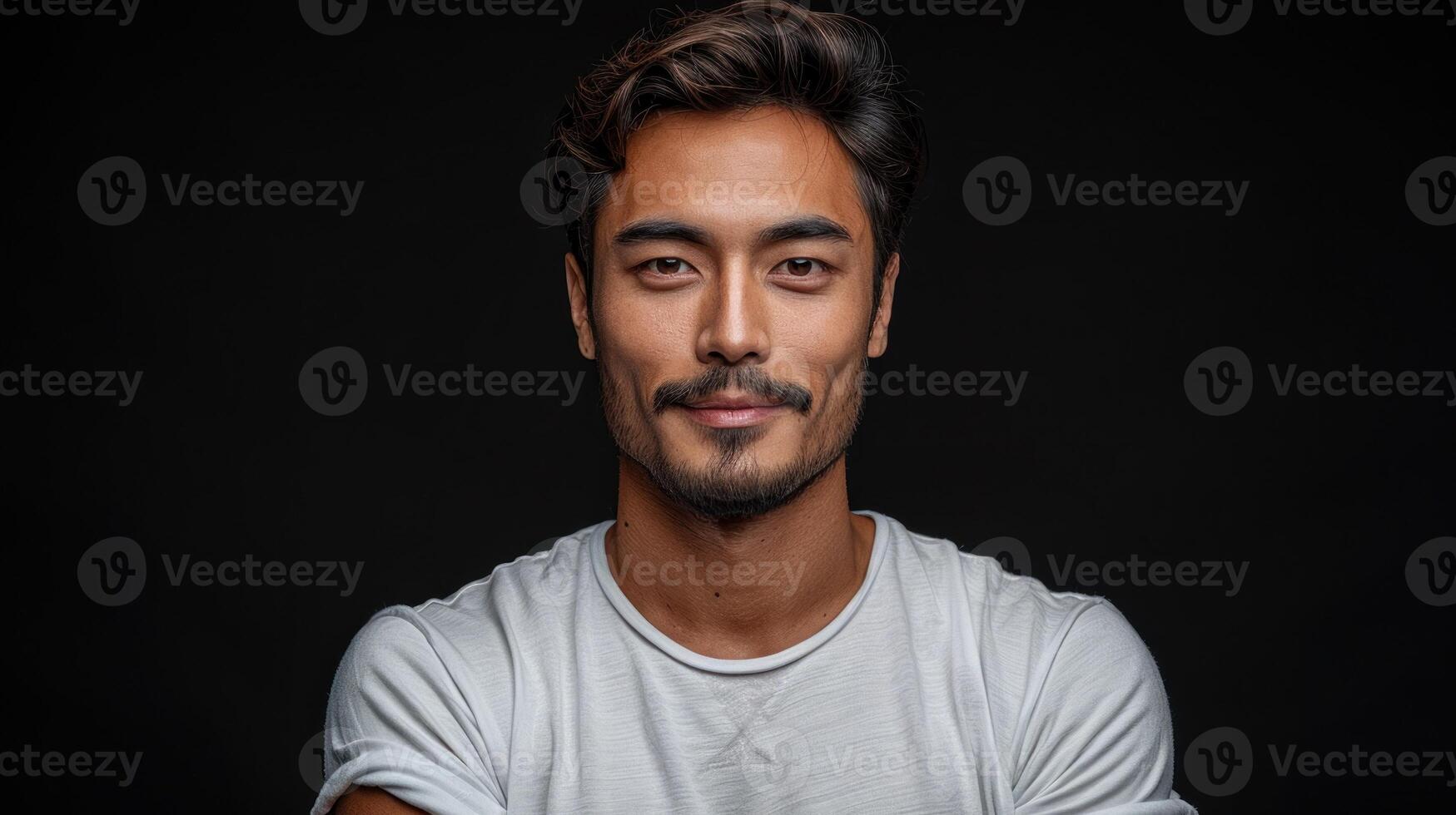 A young man exudes confidence while posing against a dark backdrop photo