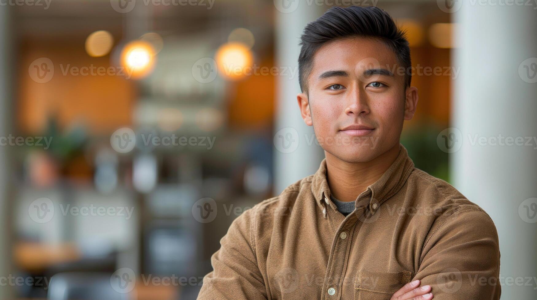 A young man with a confident expression stands in a bustling cafe setting photo