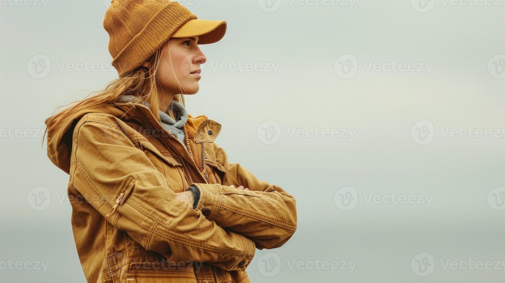 A person stands in contemplation against a cloudy sky, dressed in warm outdoor attire photo
