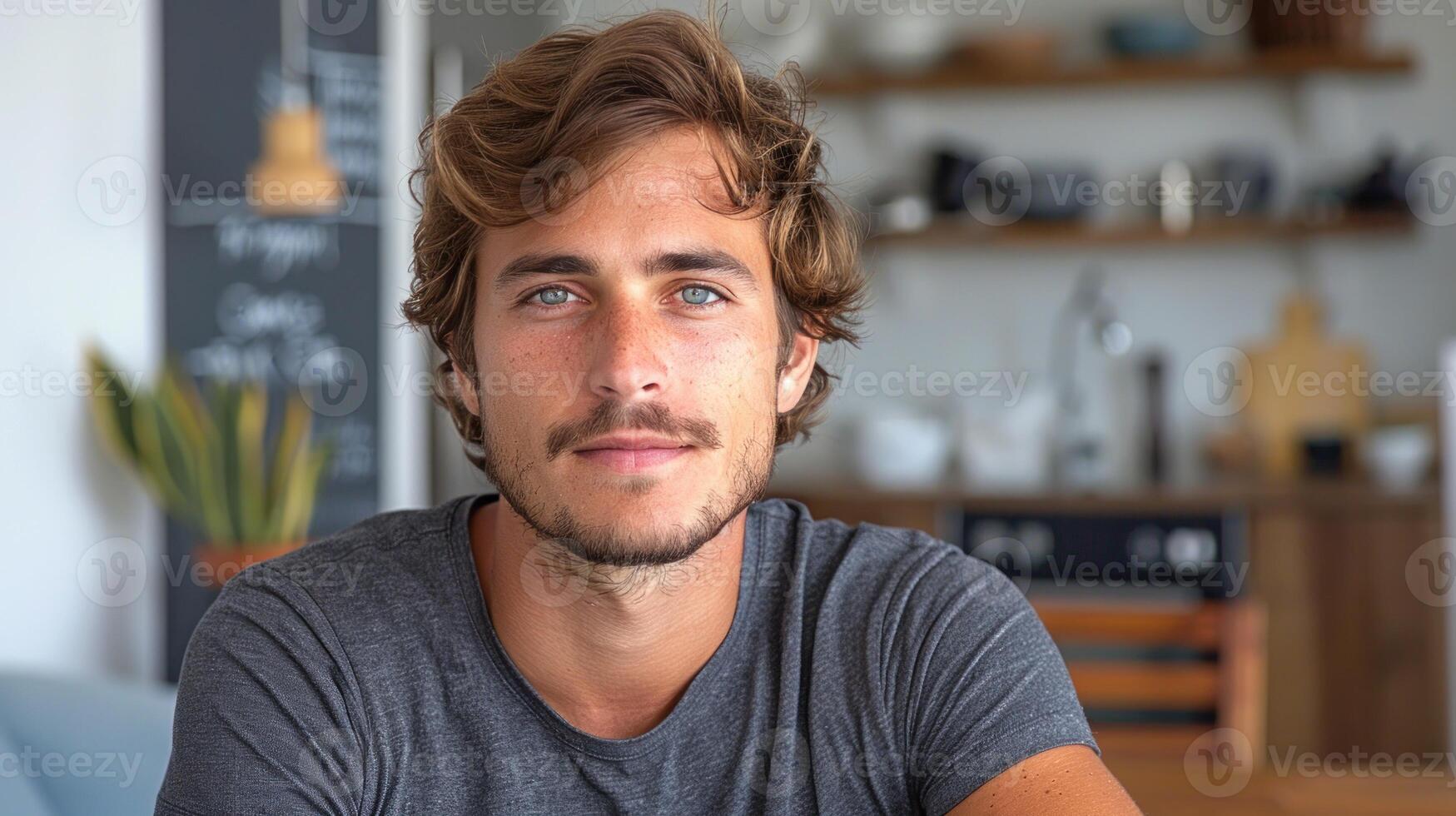 A young man with wavy hair sits at a kitchen table, exuding calm and confidence photo