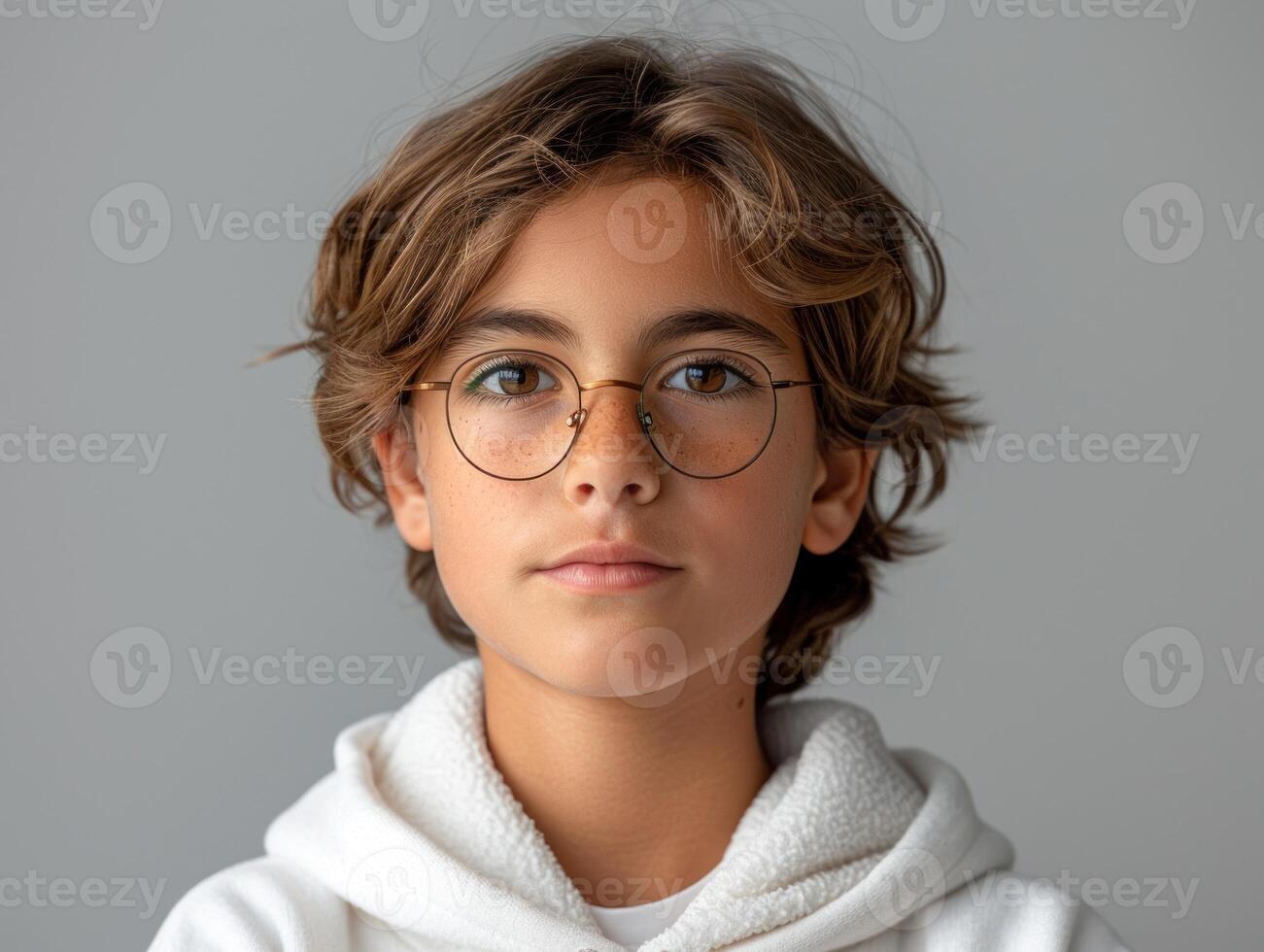 A boy with glasses and a hoodie gazes thoughtfully at the camera indoors photo
