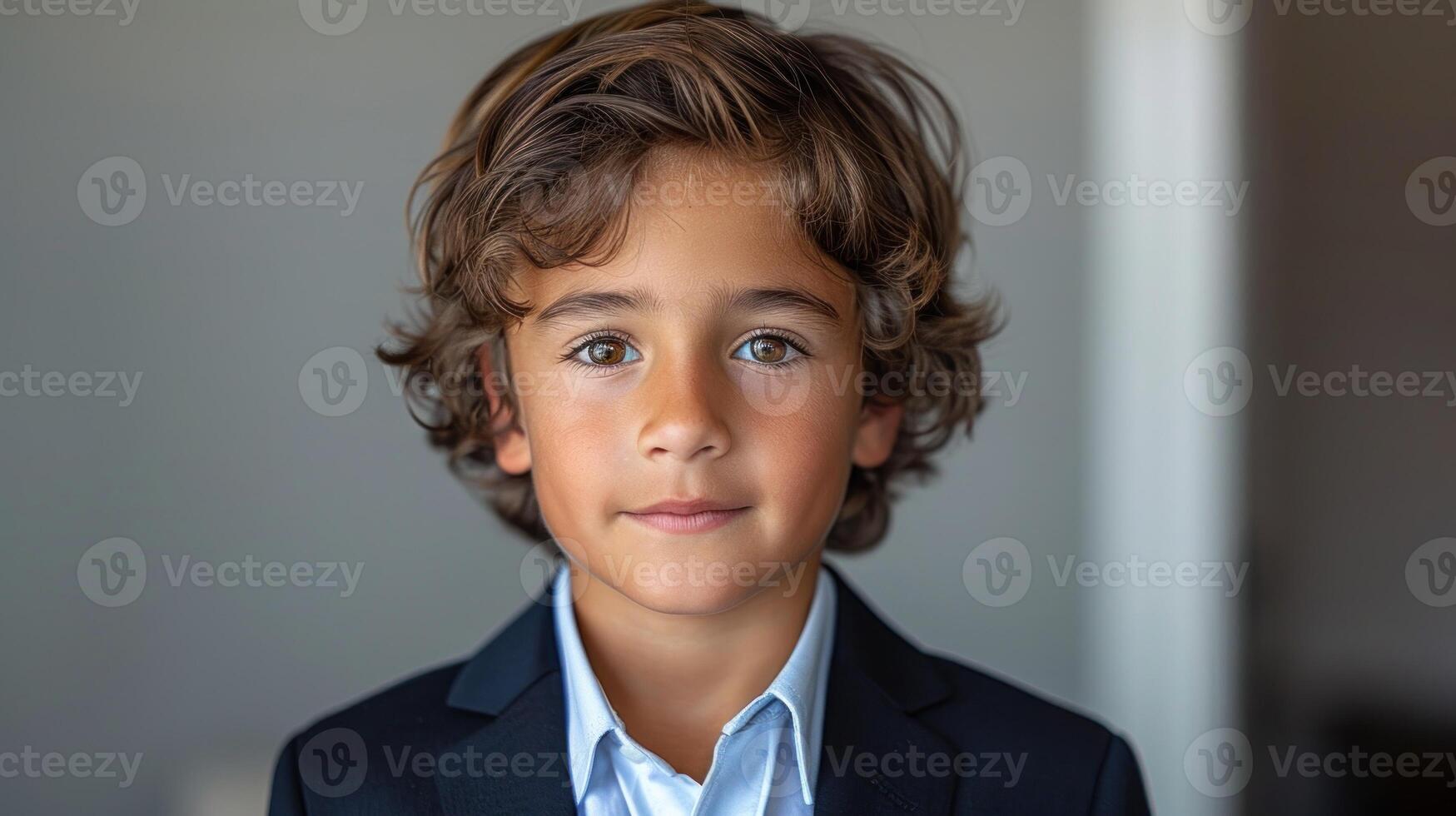 A boy dressed in a suit and shirt poses with a gentle smile indoors photo