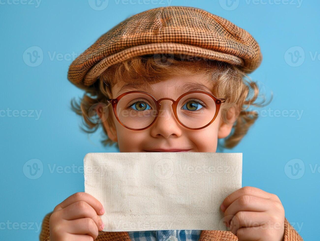 A cheerful boy proudly displays a blank note, showcasing excitement and curiosity photo