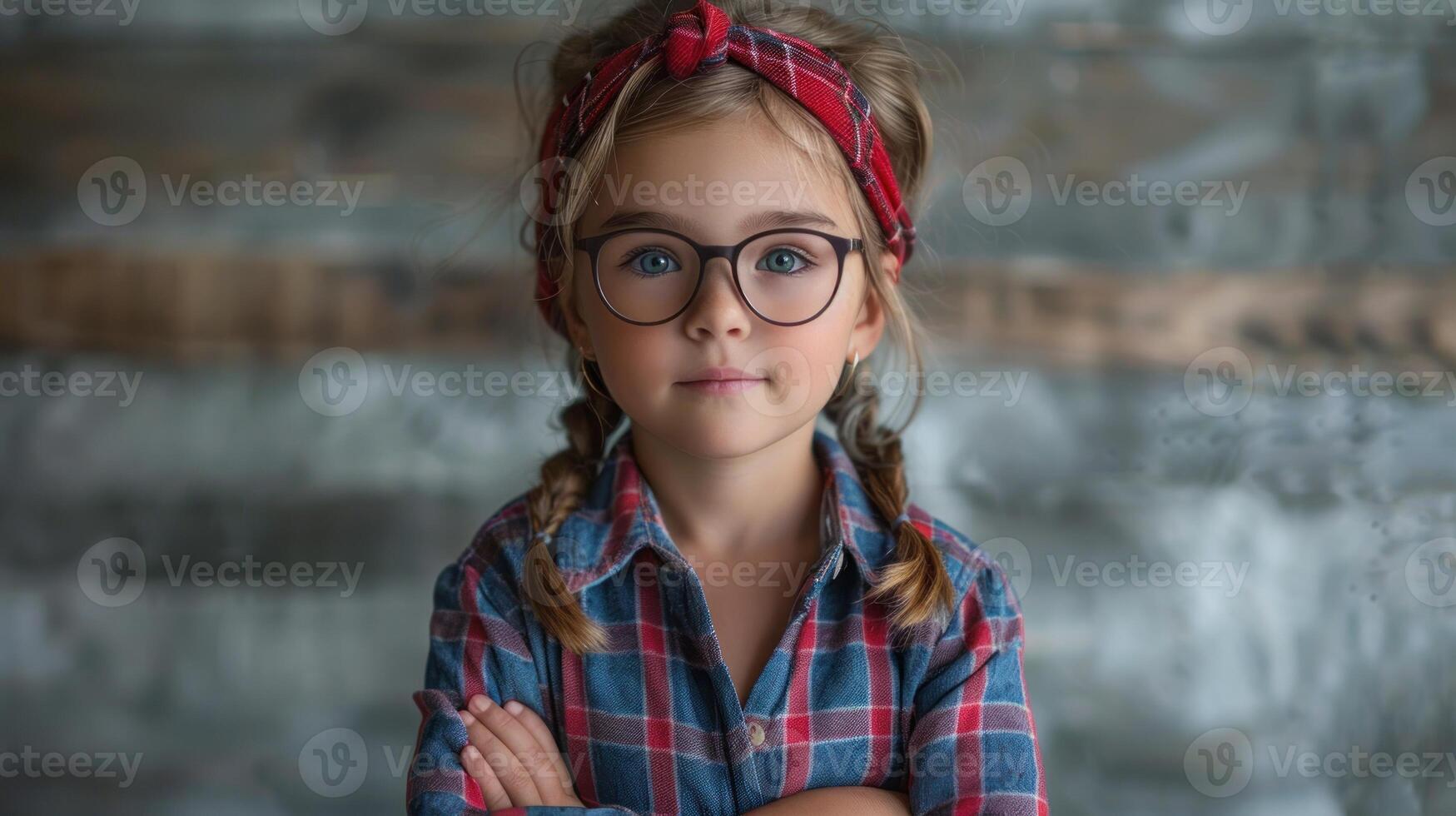 A girl with glasses stands confidently, arms crossed, in a cozy, rustic setting photo