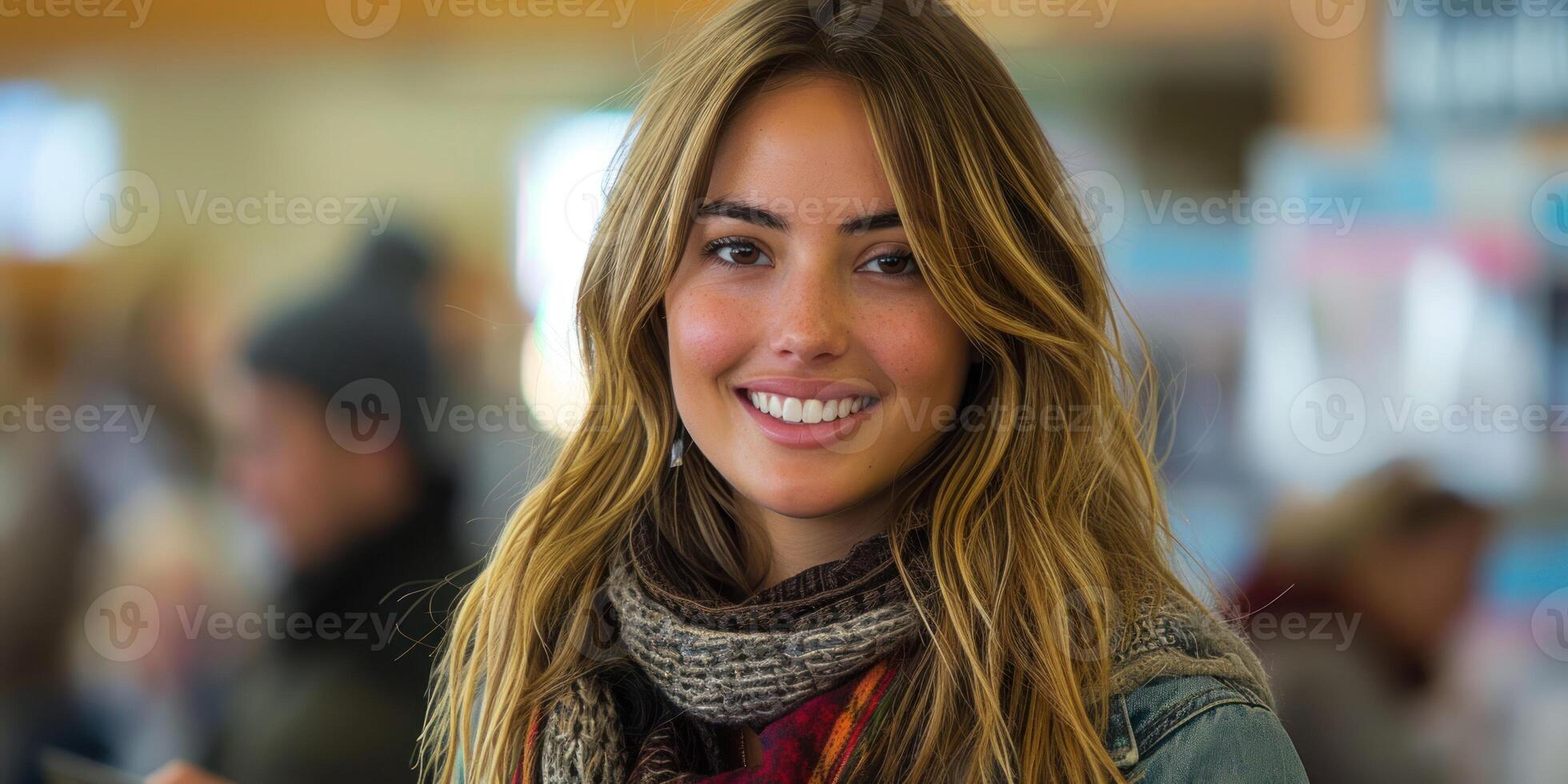 A young woman beams happily while mingling in a lively marketplace photo