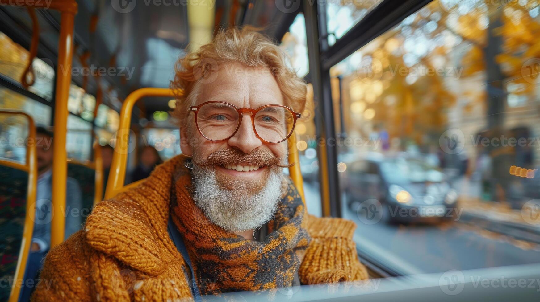 An older man smiles warmly while riding the bus amidst vibrant autumn leaves photo