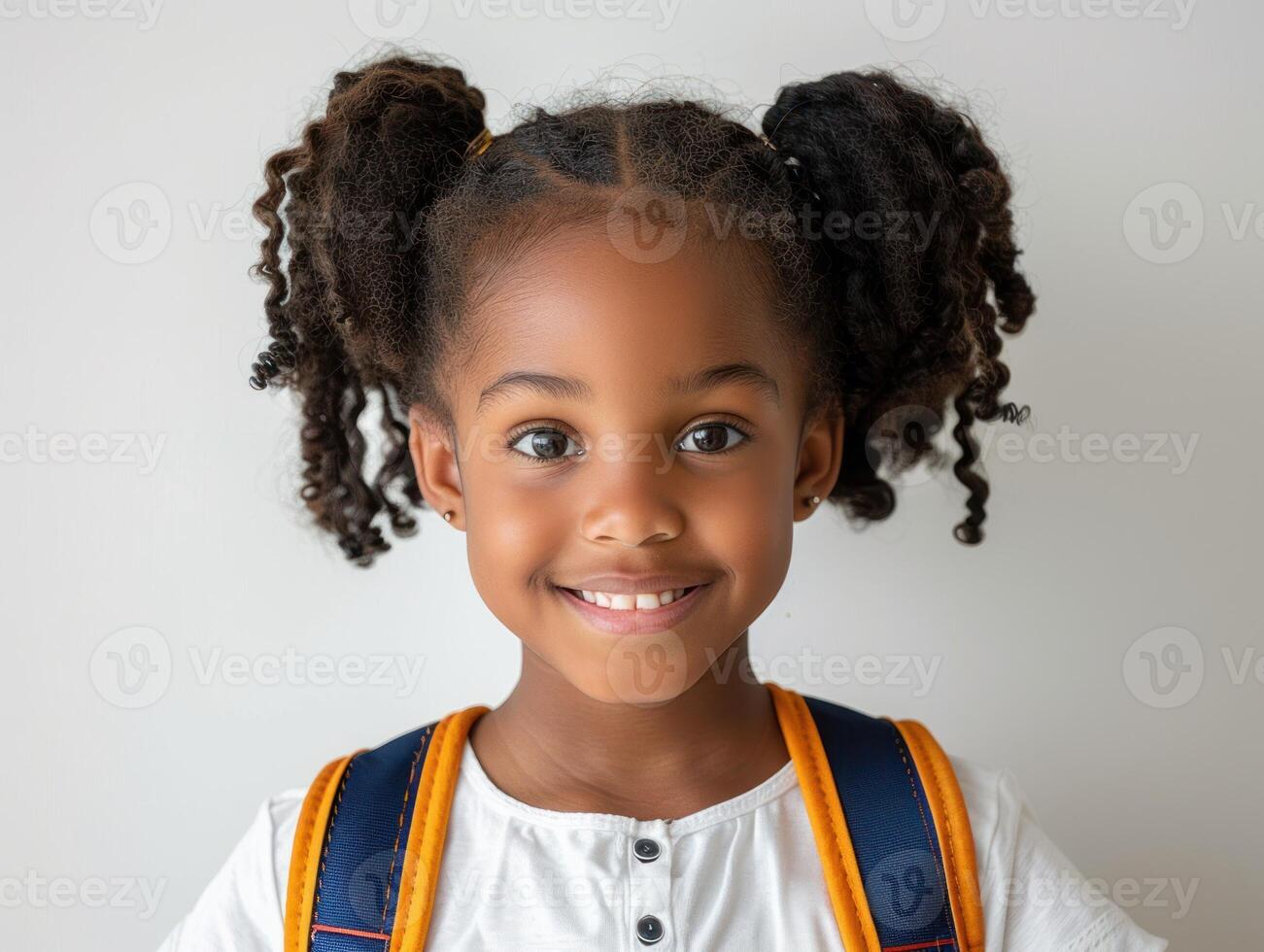 A cheerful young girl prepares for school, wearing a bright outfit and a backpack photo