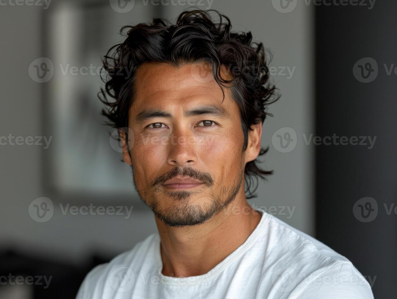 A man with curly hair poses confidently in a contemporary setting illuminated by soft afternoon light photo
