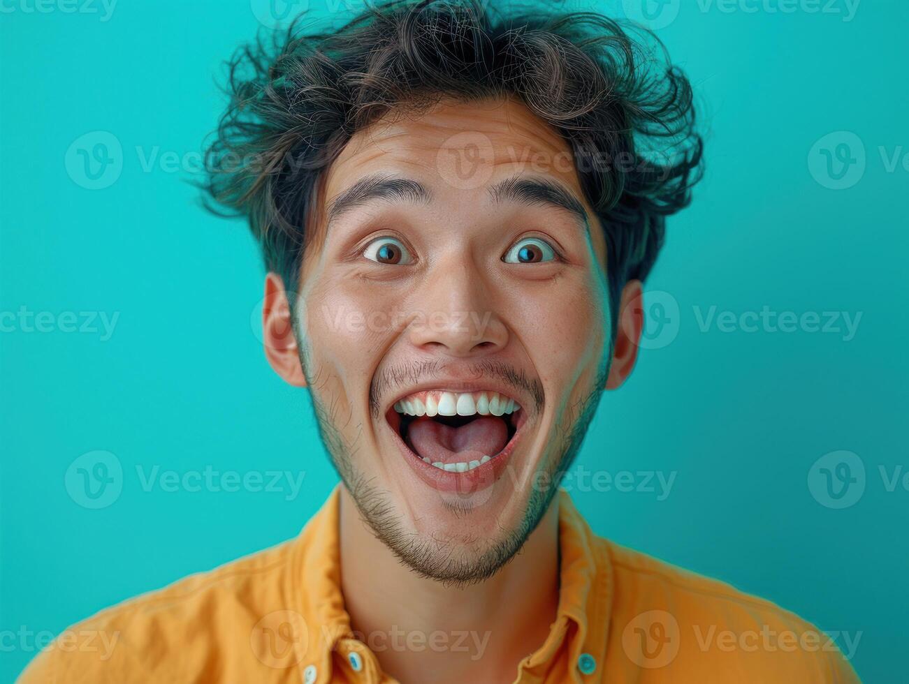 A joyful young man with curly hair smiles widely in a bright atmosphere photo