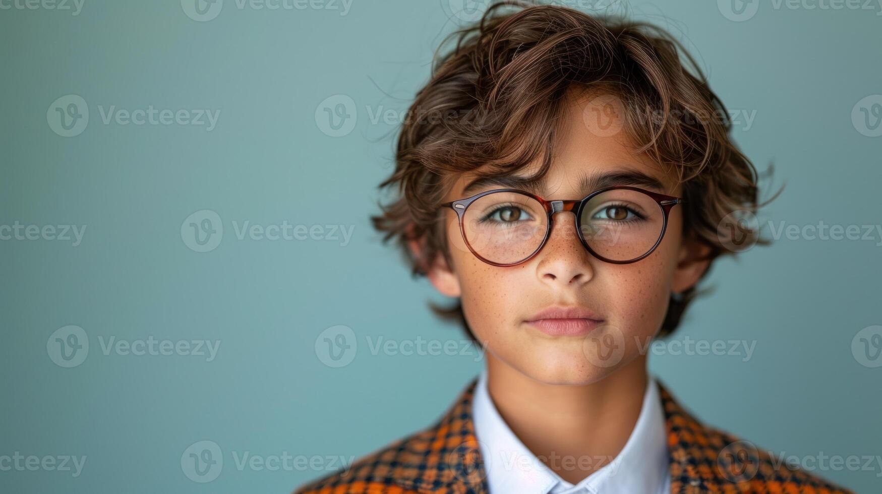 A young boy with curly hair and glasses poses confidently with a neutral expression photo