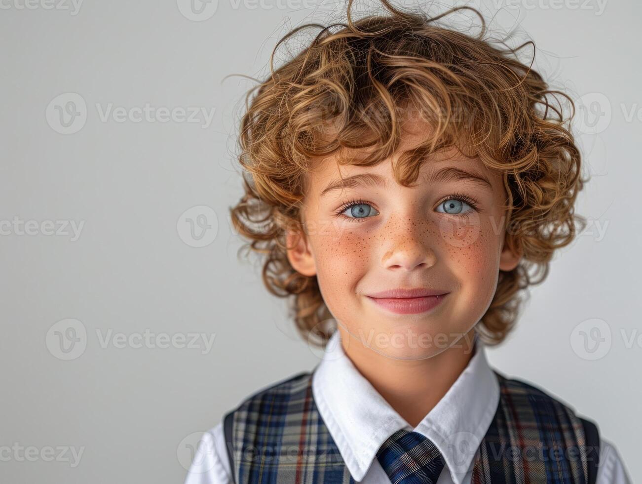 A cheerful boy with curly hair and freckles smiles warmly in a formal outfit photo