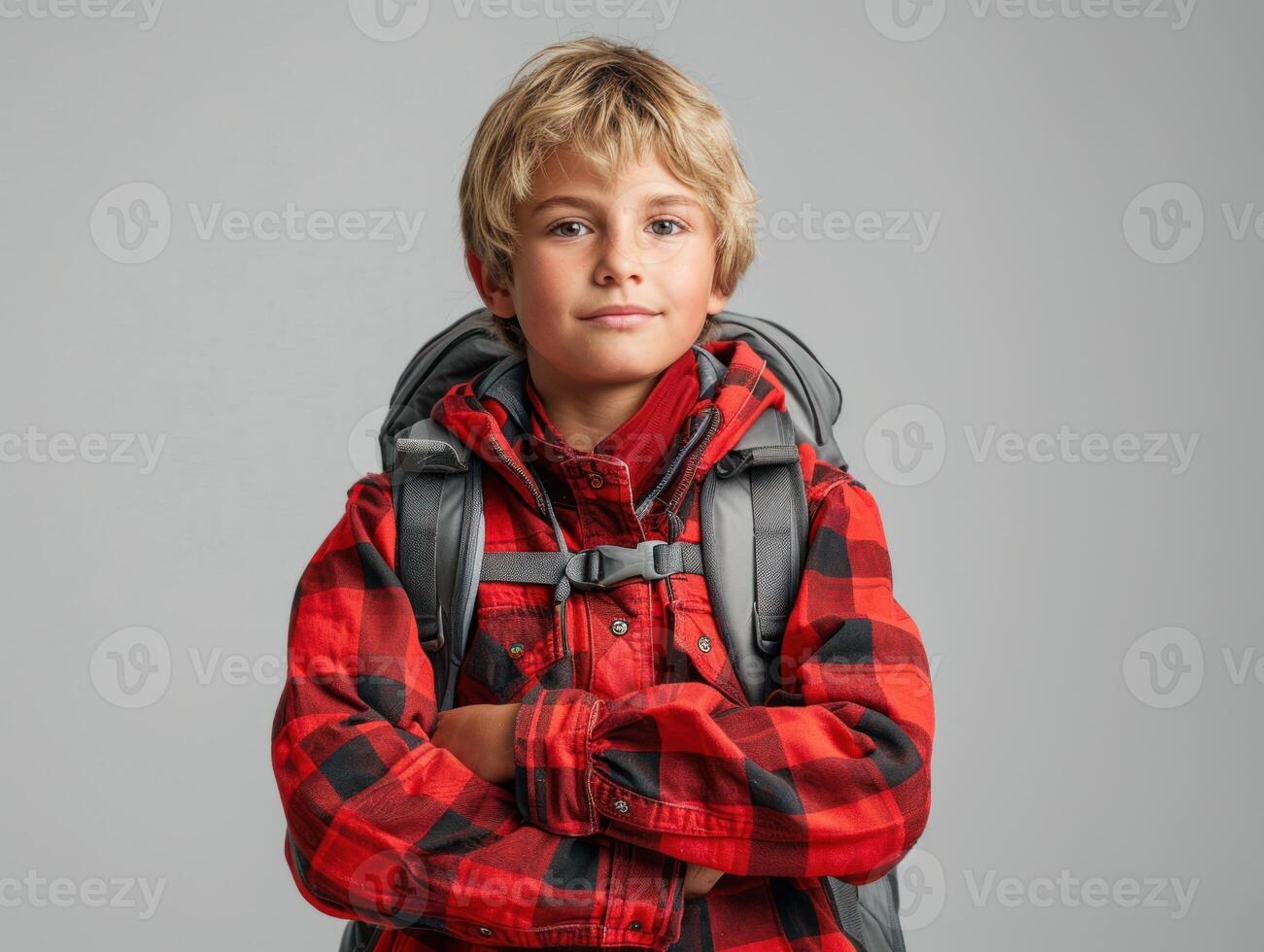 Boy confidently poses with a backpack, dressed warmly in a red flannel shirt photo