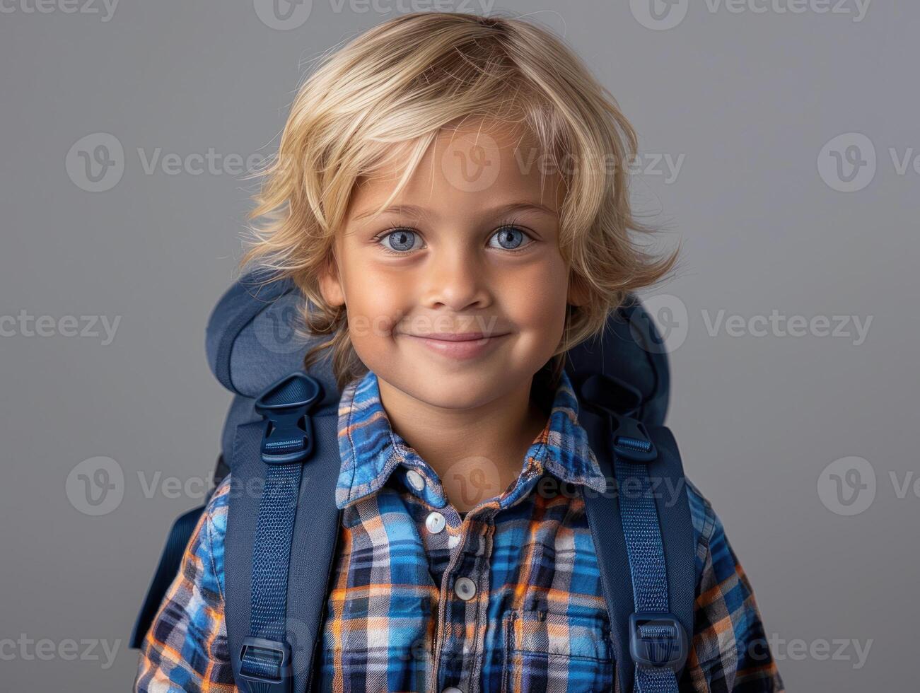 Joyful child with a backpack smiles warmly, showcasing excitement for an upcoming journey photo