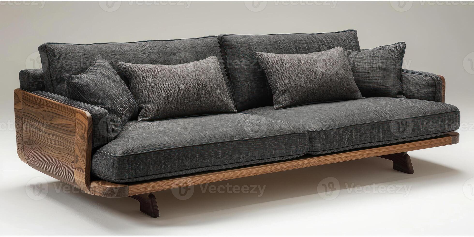A sleek gray sofa with a wooden frame and decorative cushions set against a neutral background photo